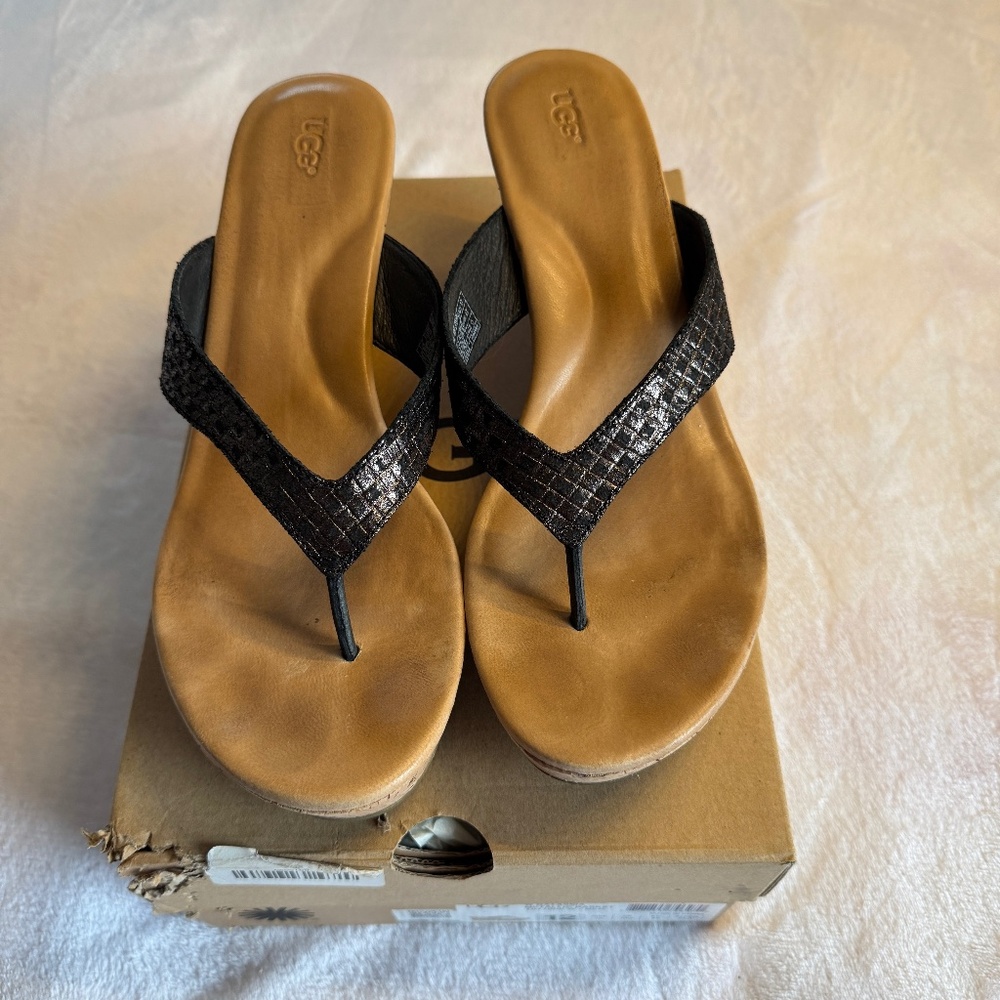 Size 12 UGG Natassia Metallic Basket Cork Flip Flop Wedge Sandals